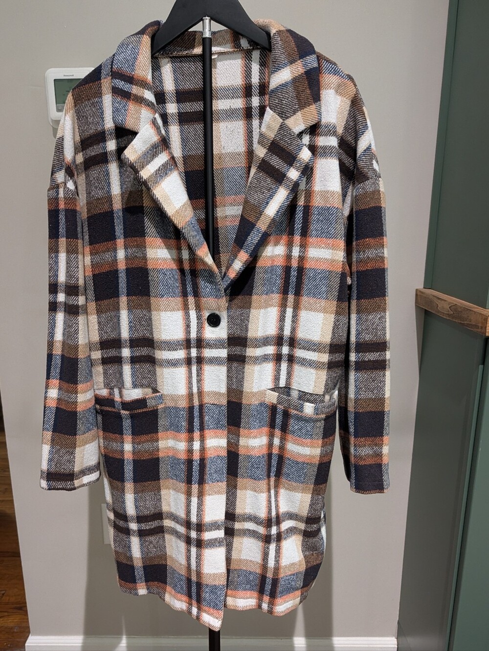 *Unbranded* Plaid Button-Front Pea Coat Like in Cream, Brown & Navy